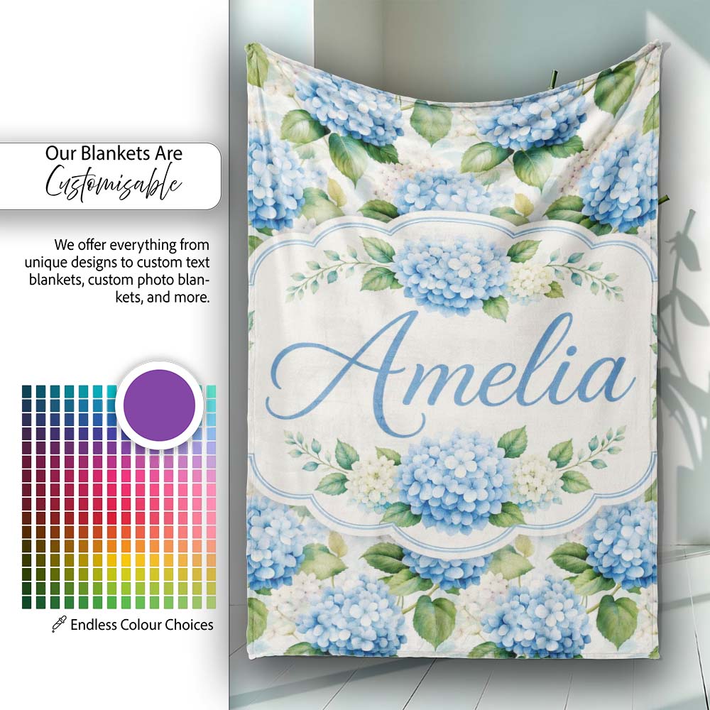 Classic Blue Hydrangea Garden Floral Seamless Pattern Lovely  Personalised Custom Name Super Soft Fleece Blanket Bed Sofa Throw