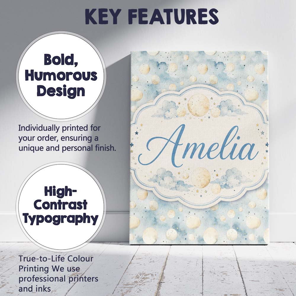 Personalised Name Soft Beige Moon and Cloud Custom  Bespoke Interior Contemporary Canvas Wall Art Print Decor Picture Ready to Hang