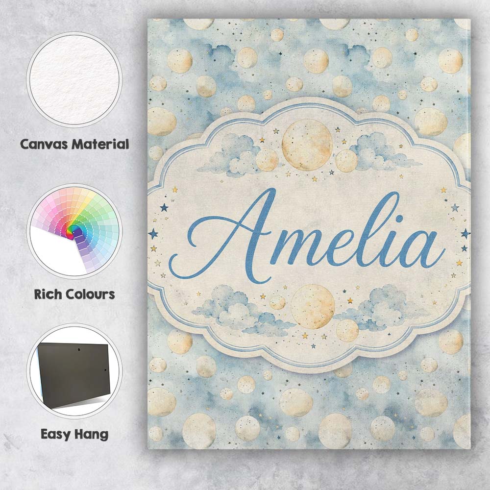 Personalised Name Soft Beige Moon and Cloud Custom  Bespoke Interior Contemporary Canvas Wall Art Print Decor Picture Ready to Hang