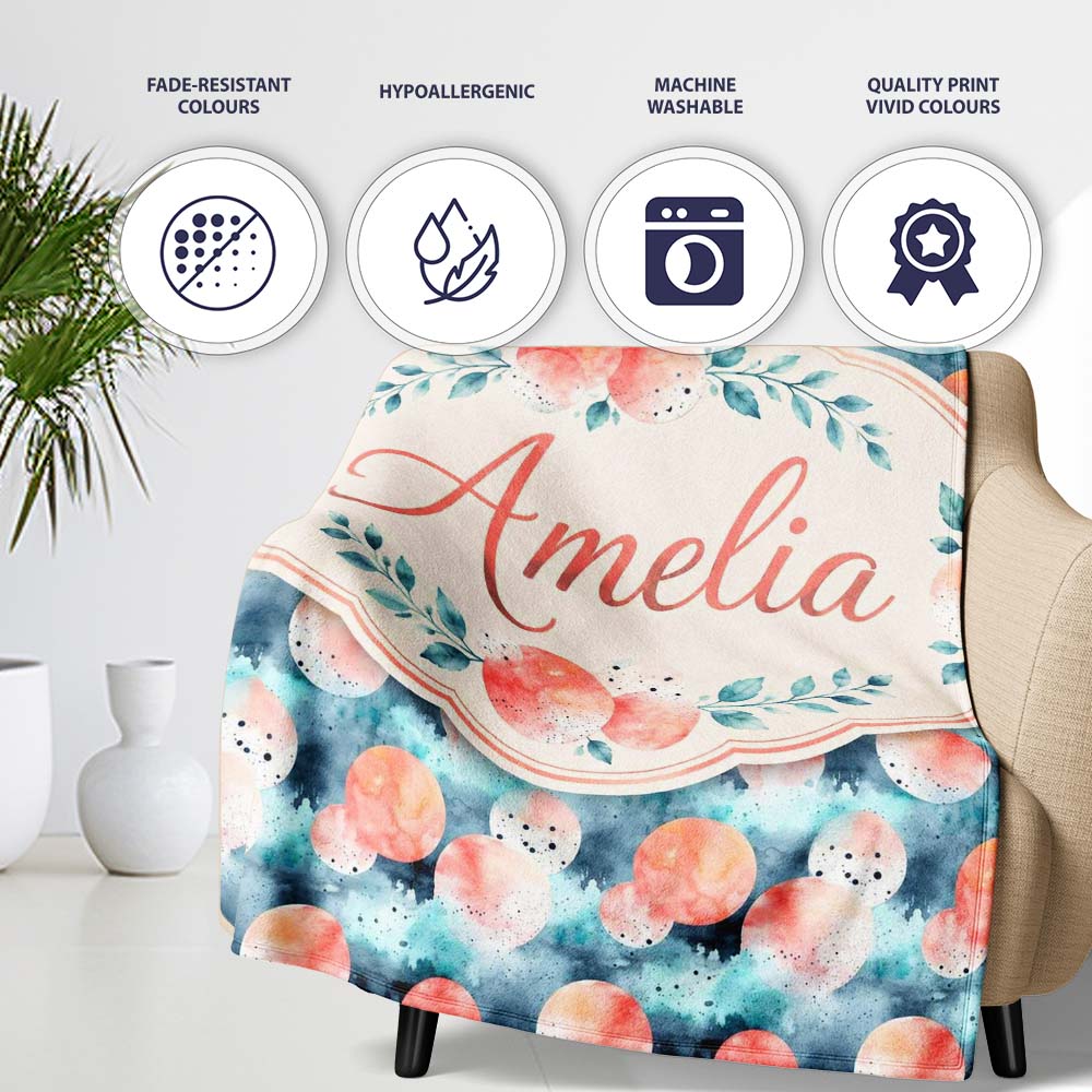Abstract Coral and Teal Watercolor Circles Seamless Pattern Lovely  Personalised Custom Name Super Soft Fleece Blanket Bed Sofa Throw