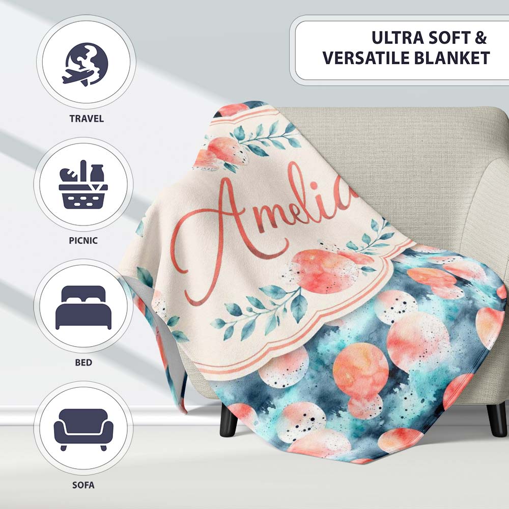 Abstract Coral and Teal Watercolor Circles Seamless Pattern Lovely  Personalised Custom Name Super Soft Fleece Blanket Bed Sofa Throw