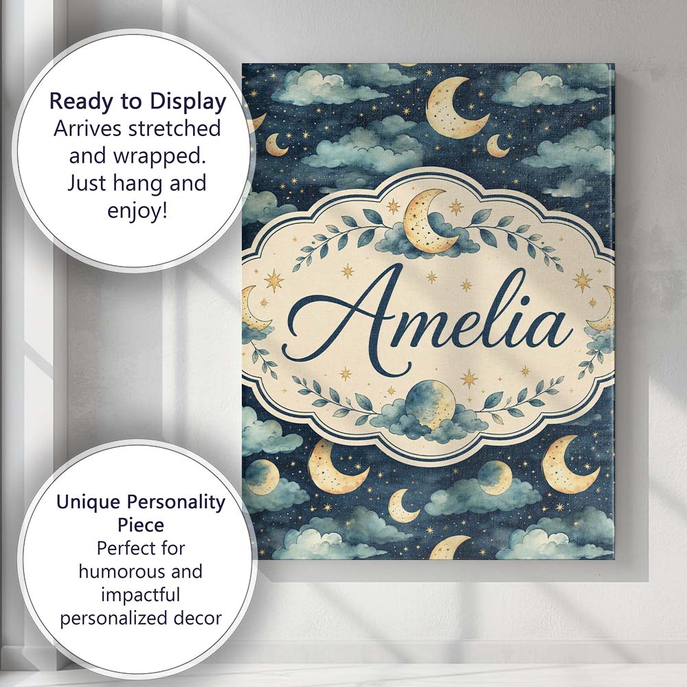 Personalised Name Golden Moon and Celestial Custom  Bespoke Interior Contemporary Canvas Wall Art Print Decor Picture Ready to Hang