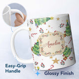 Personalized Custom Name Watercolor Christmas Tree Candy Cane Stars Cute Seamless Pattern 11oz Ceramic Coffee Tea Mug White Large Handle