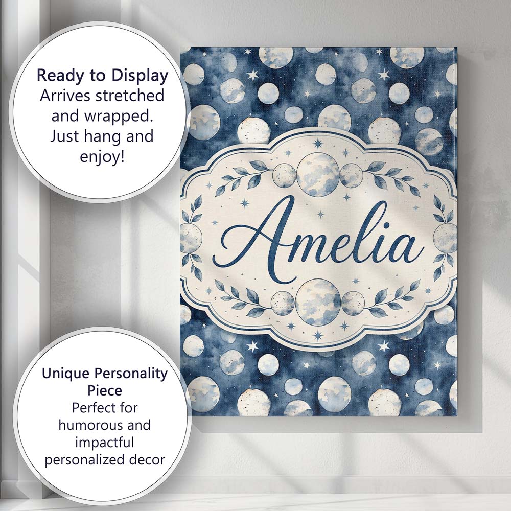 Personalised Name Blue Galaxy Moon Phases Custom  Unique Gift Idea Elegant Feature Canvas Wall Art Print Decor Picture Ready to Hang