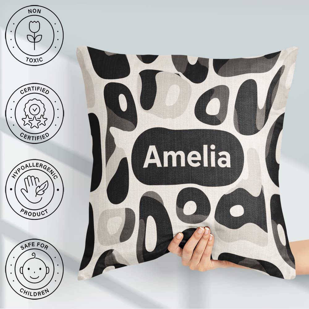 Custom Name Soft Rounded Shapes Black Minimal Abstract Pattern Square Filled Cushion Throw Pillow Sofa Bed Home Decor Zip Washable UK Made