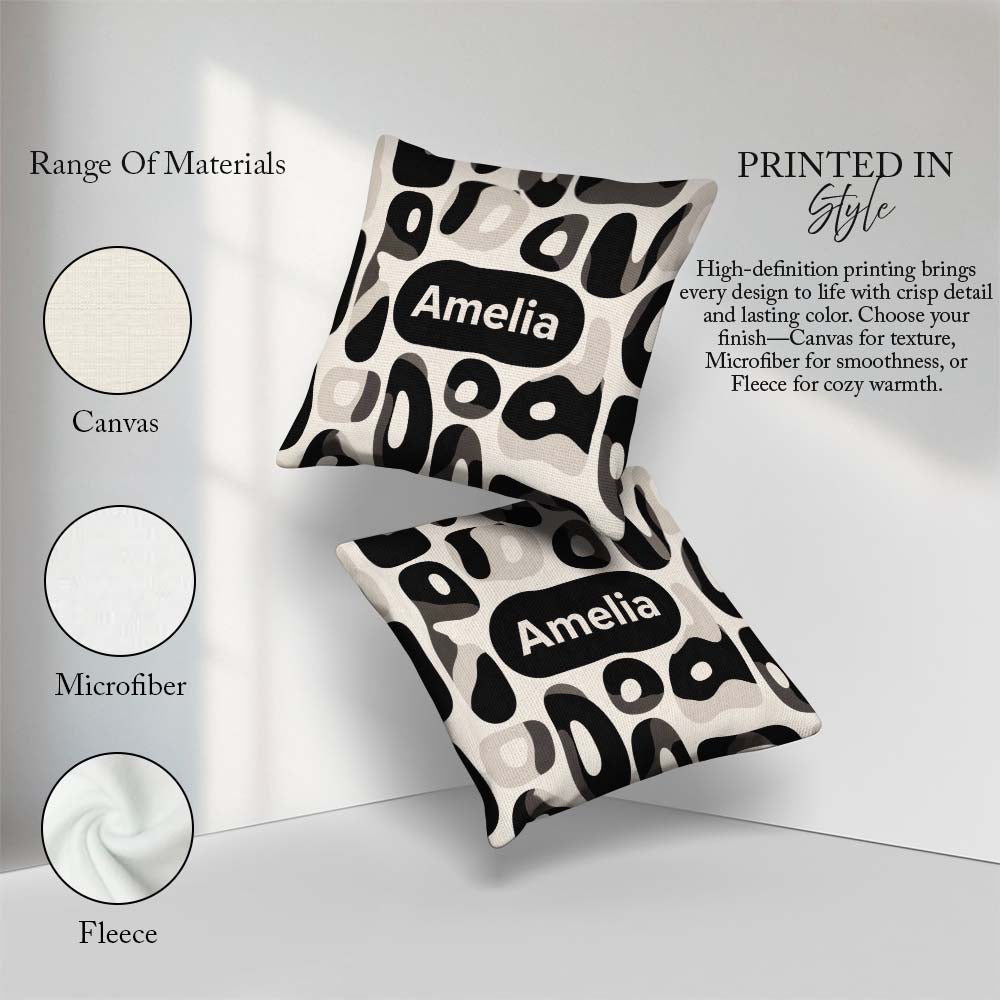 Custom Name Soft Rounded Shapes Black Minimal Abstract Pattern Square Filled Cushion Throw Pillow Sofa Bed Home Decor Zip Washable UK Made