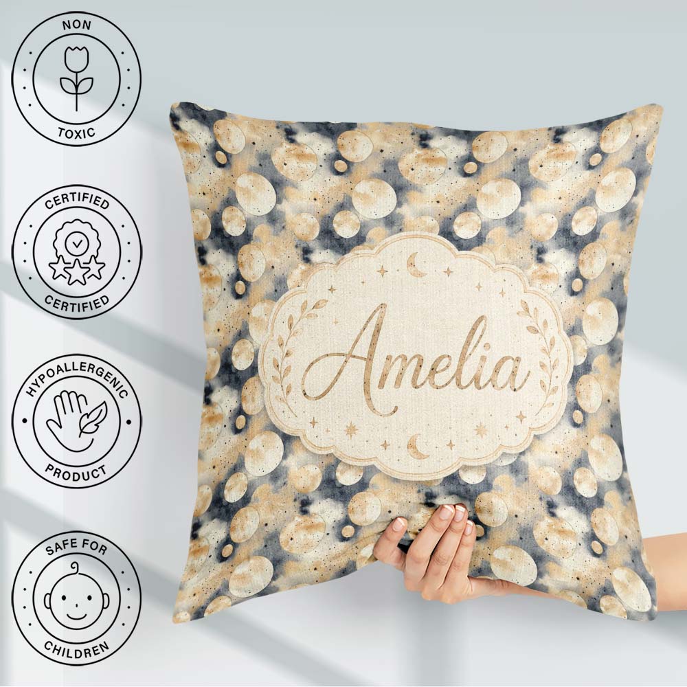 Custom Name Neutral Beige Moon and Stars Seamless Pattern Lovely Square Filled Cushion Throw Pillow Sofa Bed Home Decor Zip Washable UK Made