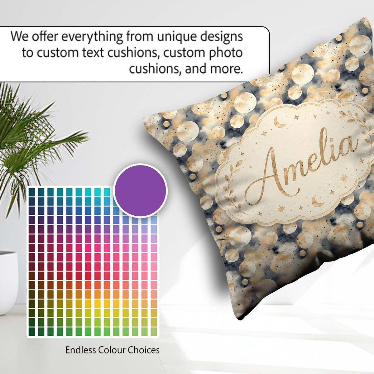 Custom Name Neutral Beige Moon and Stars Seamless Pattern Lovely Square Filled Cushion Throw Pillow Sofa Bed Home Decor Zip Washable UK Made