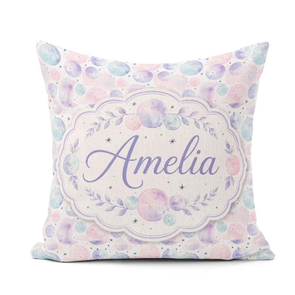 Custom Name Soft Pastel Galaxy Circles and Stars Seamless Lovely Square Filled Cushion Throw Pillow Sofa Bed Home Decor Zip Washable UK Made