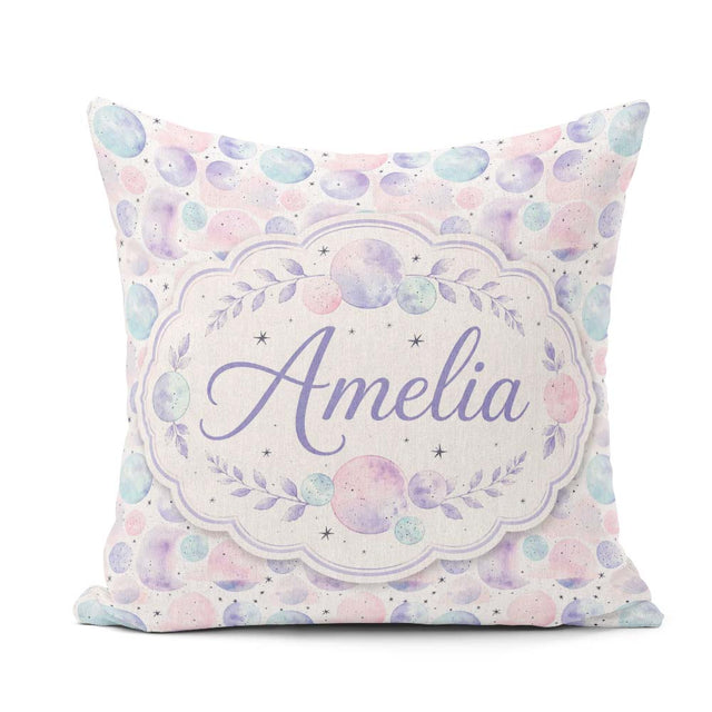 Custom Name Soft Pastel Galaxy Circles and Stars Seamless Lovely Square Filled Cushion Throw Pillow Sofa Bed Home Decor Zip Washable UK Made
