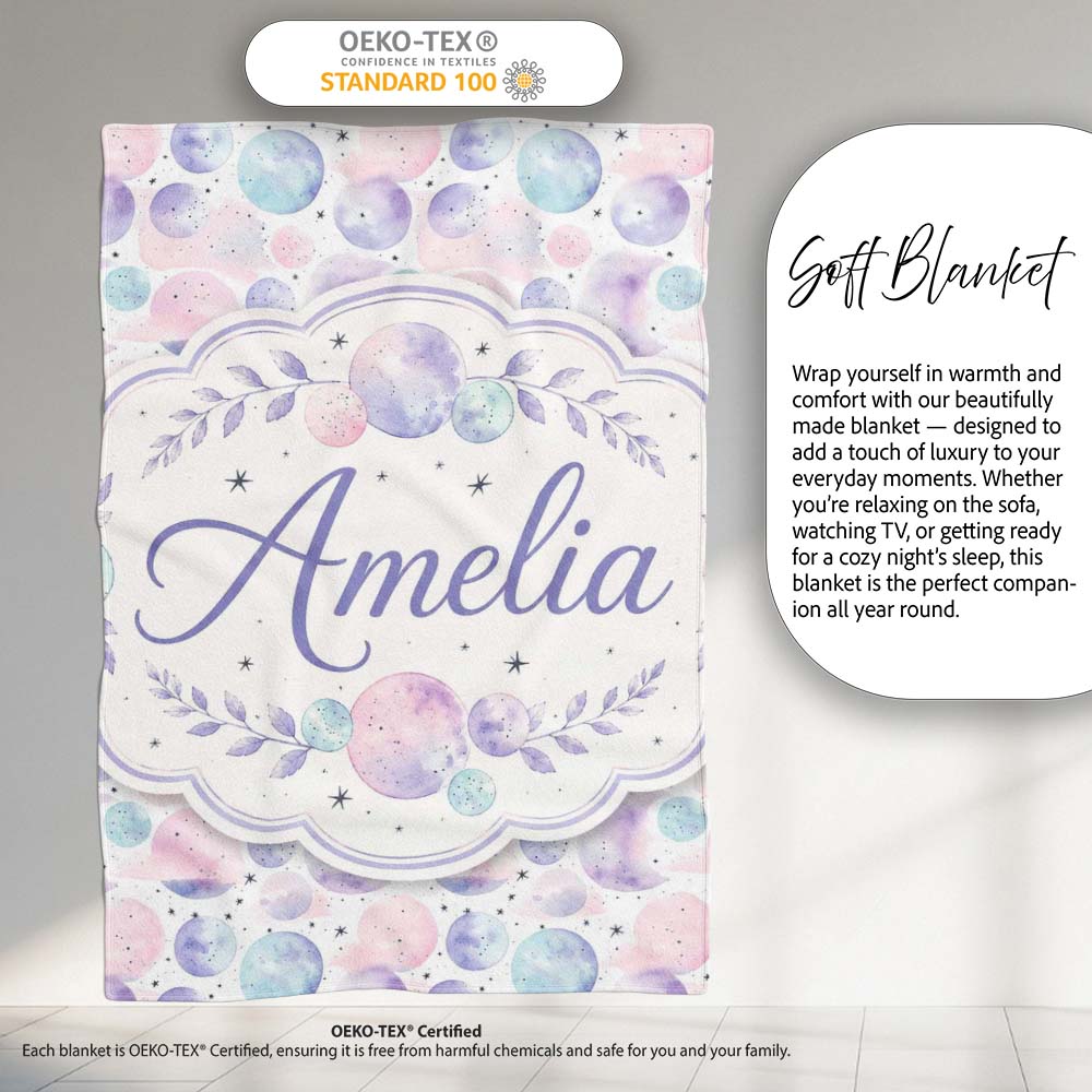 Soft Pastel Galaxy Circles and Stars Seamless Pattern Lovely  Personalised Custom Name Super Soft Fleece Blanket Bed Sofa Throw