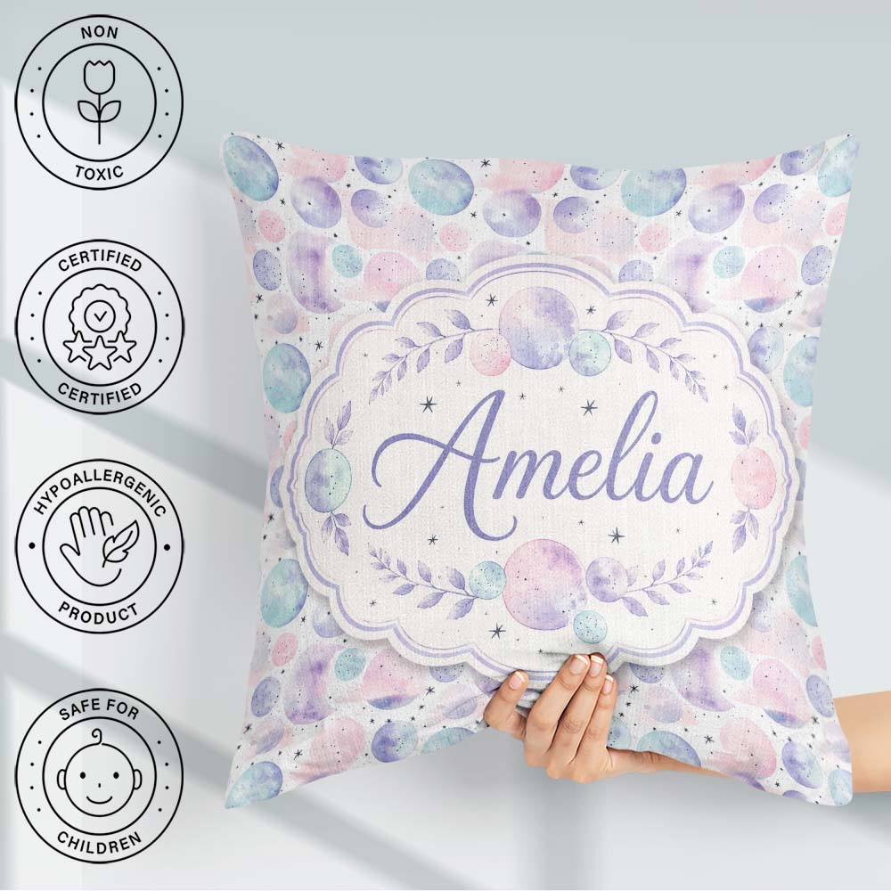 Custom Name Soft Pastel Galaxy Circles and Stars Seamless Lovely Square Filled Cushion Throw Pillow Sofa Bed Home Decor Zip Washable UK Made