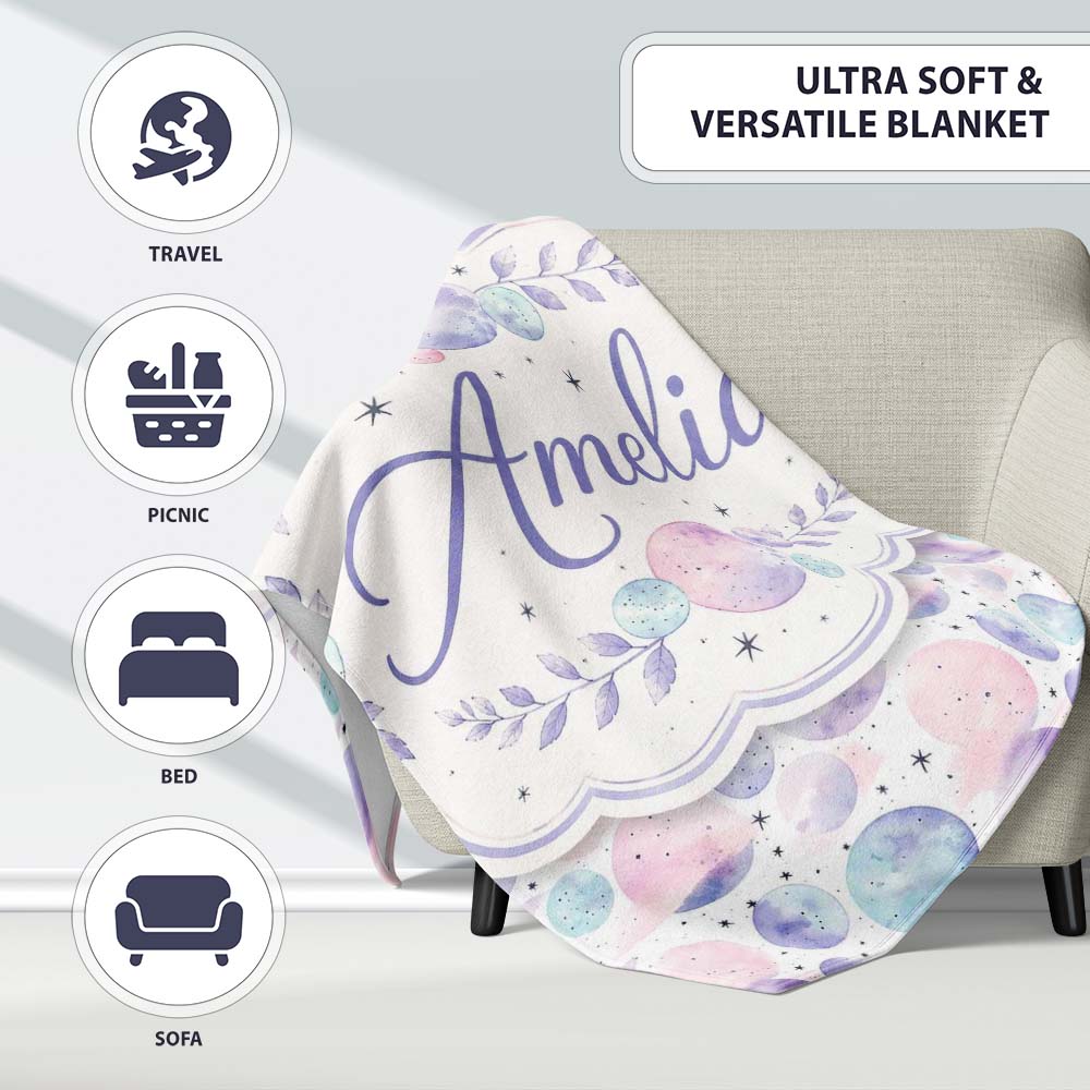 Soft Pastel Galaxy Circles and Stars Seamless Pattern Lovely  Personalised Custom Name Super Soft Fleece Blanket Bed Sofa Throw