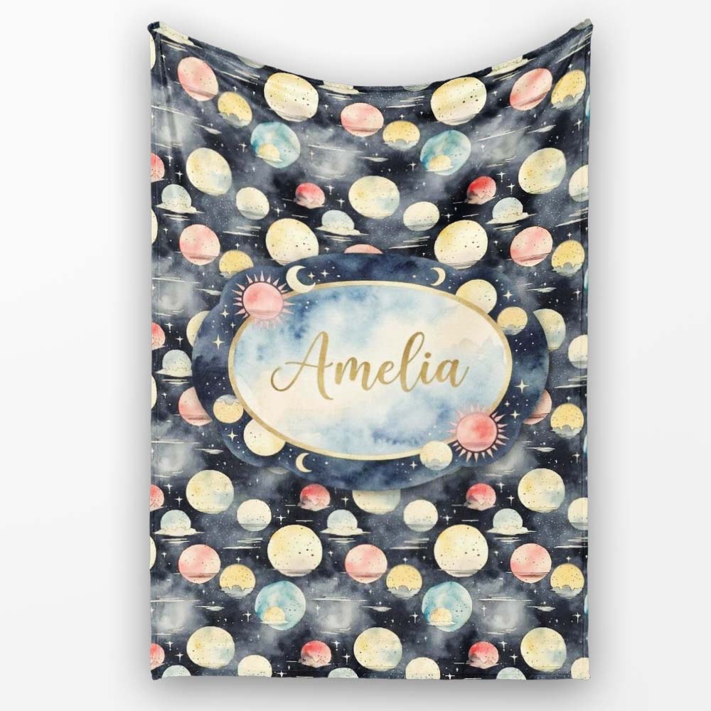 Colorful Planet Space Galaxy Seamless Pattern Cute Unique Gift  Personalised Custom Name Super Soft Fleece Blanket Bed Sofa Throw