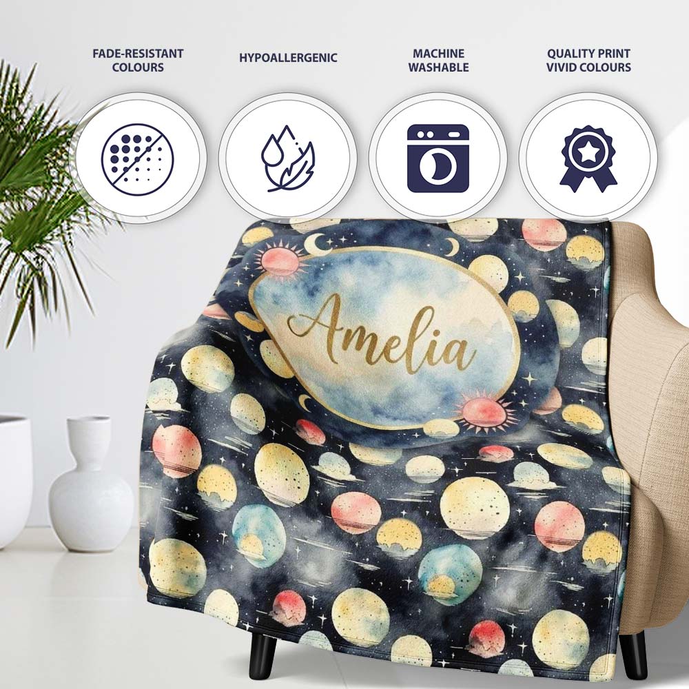 Colorful Planet Space Galaxy Seamless Pattern Cute Unique Gift  Personalised Custom Name Super Soft Fleece Blanket Bed Sofa Throw
