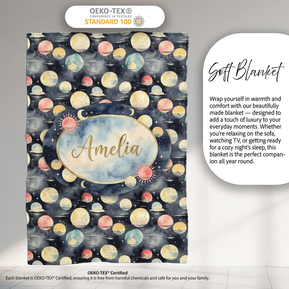 Colorful Planet Space Galaxy Seamless Pattern Cute Unique Gift  Personalised Custom Name Super Soft Fleece Blanket Bed Sofa Throw