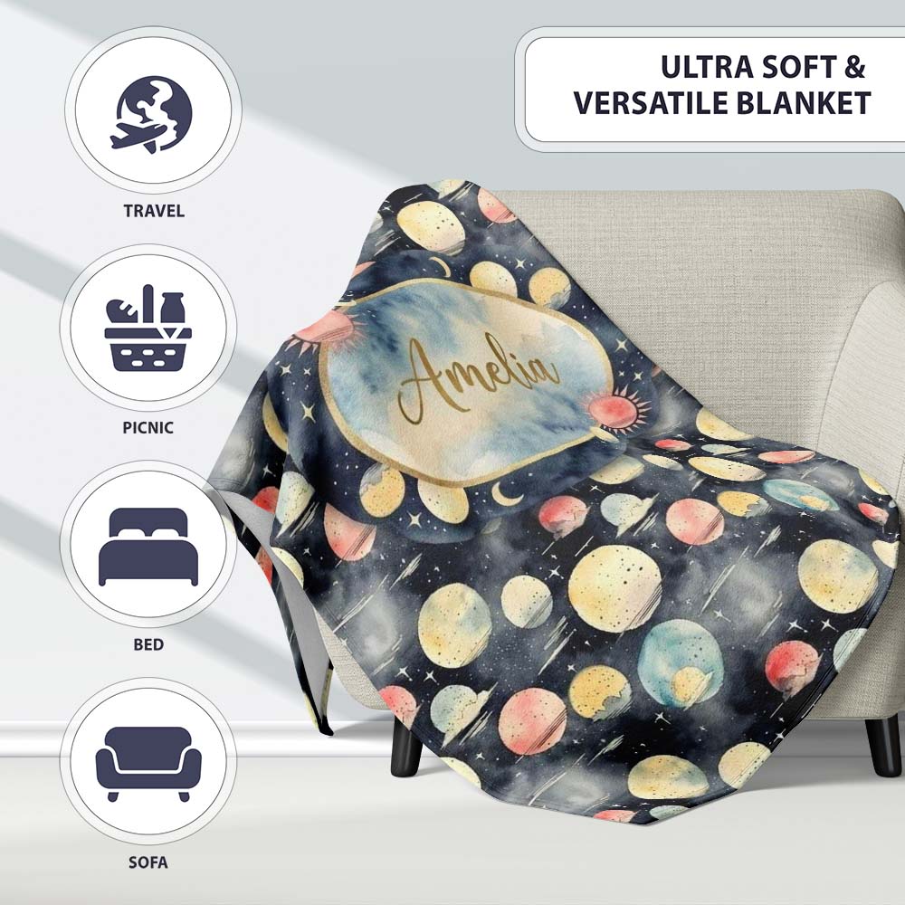 Colorful Planet Space Galaxy Seamless Pattern Cute Unique Gift  Personalised Custom Name Super Soft Fleece Blanket Bed Sofa Throw