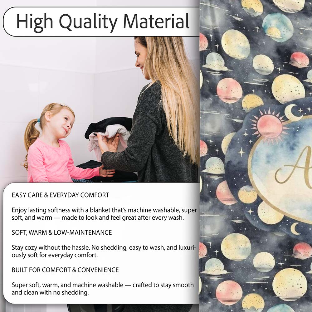 Colorful Planet Space Galaxy Seamless Pattern Cute Unique Gift  Personalised Custom Name Super Soft Fleece Blanket Bed Sofa Throw