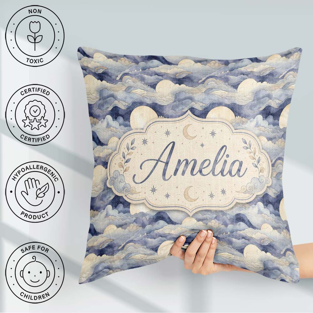 Custom Name Layered Clouds and Moon Dreamscape Seamless Pattern Square Filled Cushion Throw Pillow Sofa Bed Home Decor Zip Washable UK Made