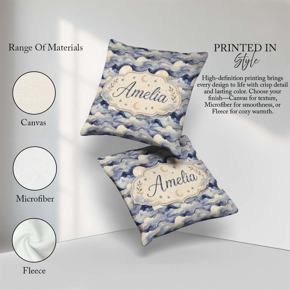 Custom Name Layered Clouds and Moon Dreamscape Seamless Pattern Square Filled Cushion Throw Pillow Sofa Bed Home Decor Zip Washable UK Made