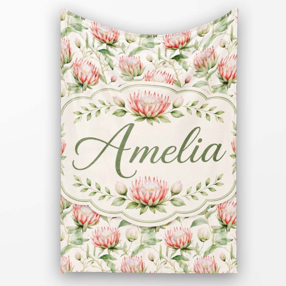 Watercolor Protea Flowers and Green Leaves Seamless Pattern Lovely  Personalised Custom Name Super Soft Fleece Blanket Bed Sofa Throw