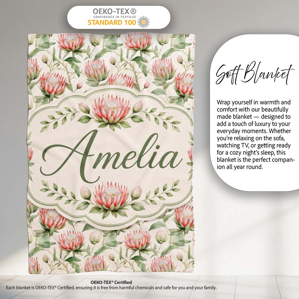Watercolor Protea Flowers and Green Leaves Seamless Pattern Lovely  Personalised Custom Name Super Soft Fleece Blanket Bed Sofa Throw
