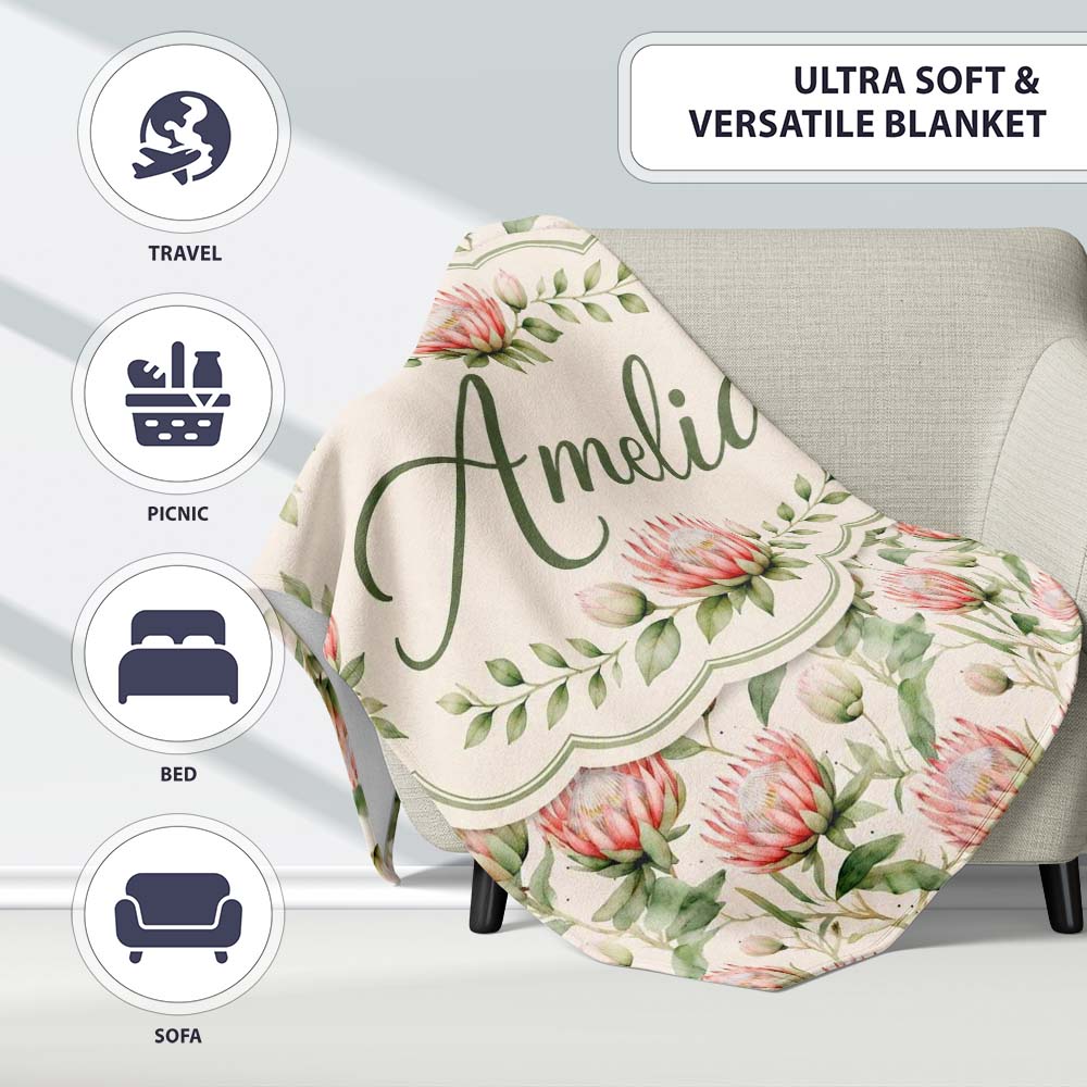 Watercolor Protea Flowers and Green Leaves Seamless Pattern Lovely  Personalised Custom Name Super Soft Fleece Blanket Bed Sofa Throw