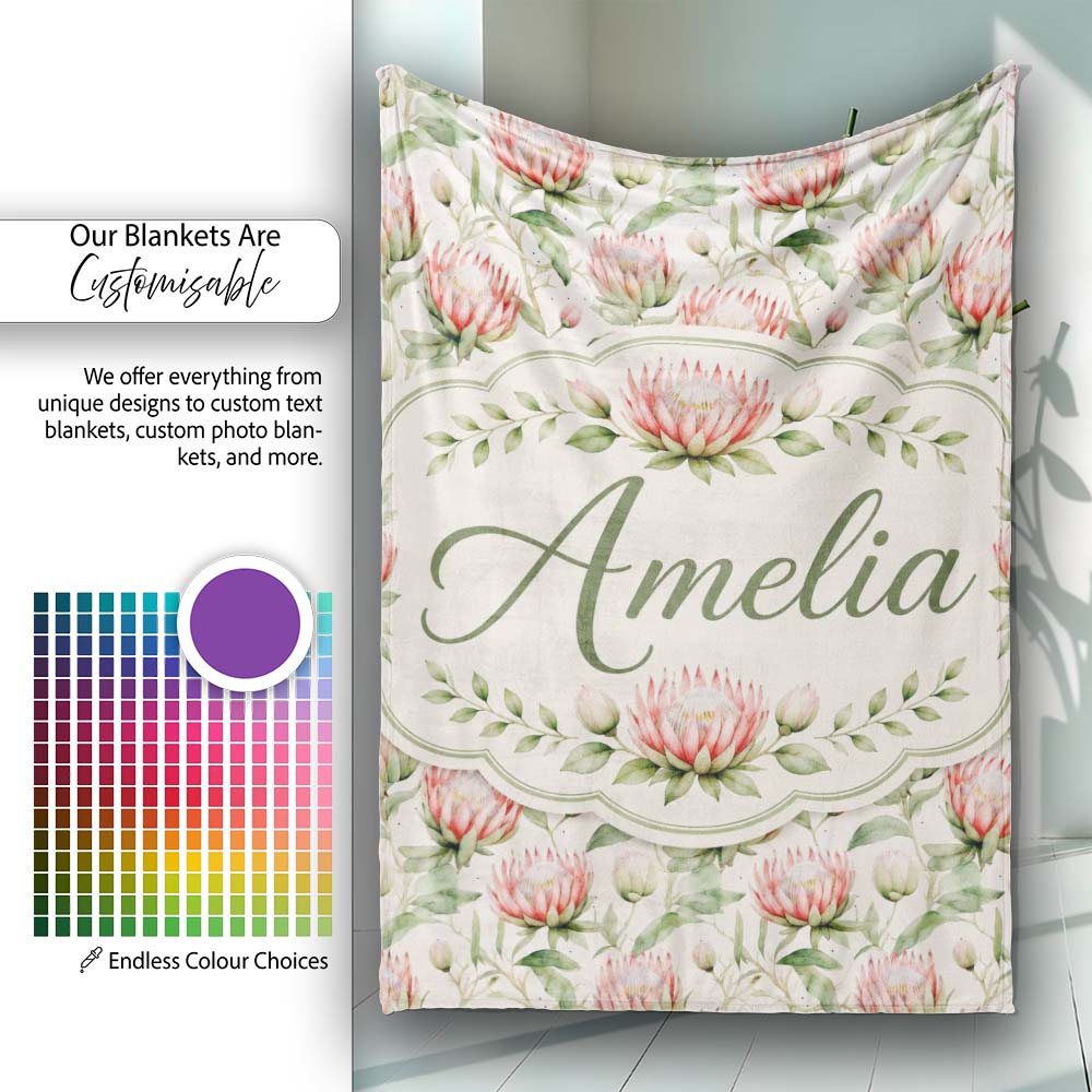 Watercolor Protea Flowers and Green Leaves Seamless Pattern Lovely  Personalised Custom Name Super Soft Fleece Blanket Bed Sofa Throw