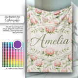 Watercolor Protea Flowers and Green Leaves Seamless Pattern Lovely  Personalised Custom Name Super Soft Fleece Blanket Bed Sofa Throw