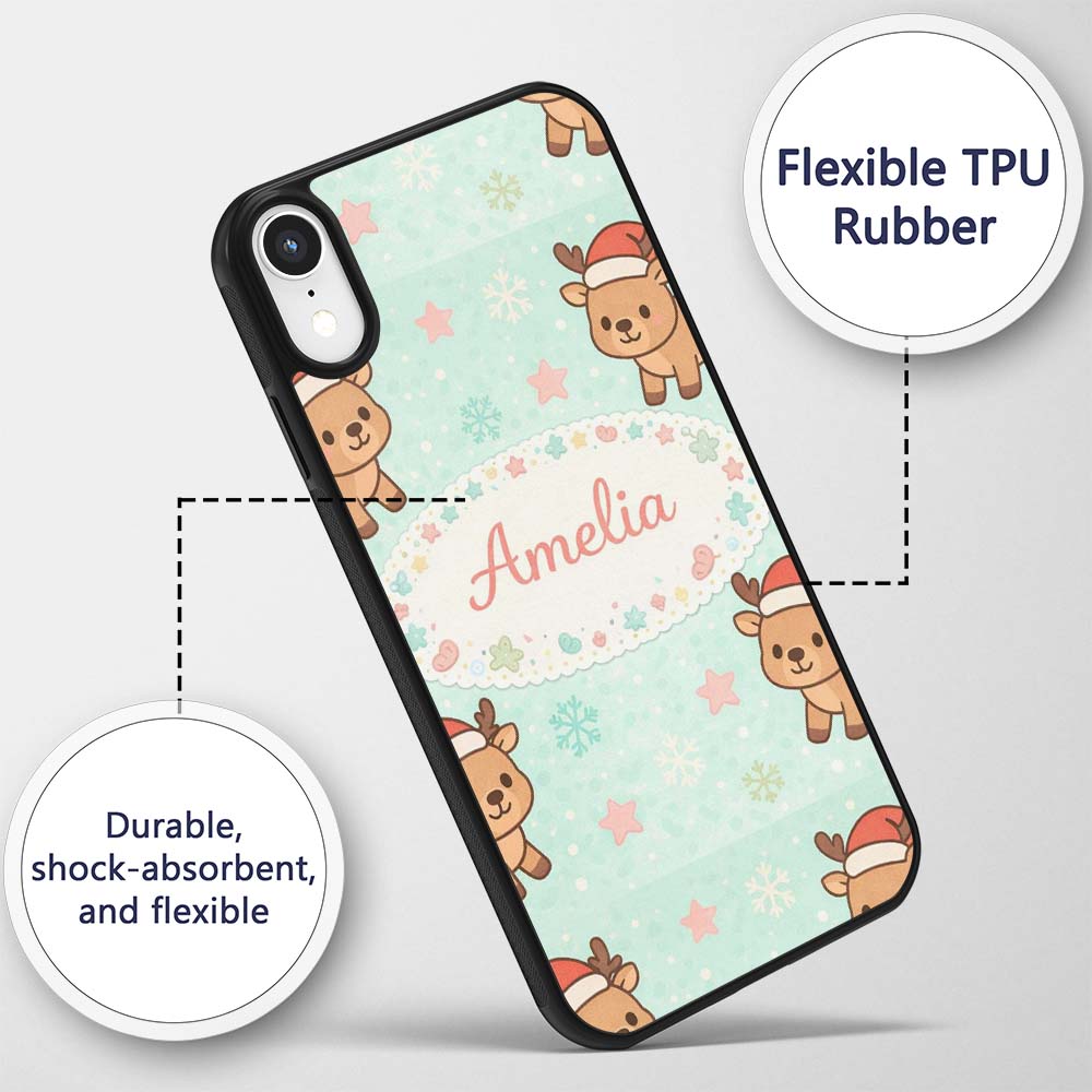 Cute Christmas Reindeer Cartoon Animal Pattern Custom Name Protective Phone Case Mobile Cover Durable Everyday Smartphone Shock Resistant