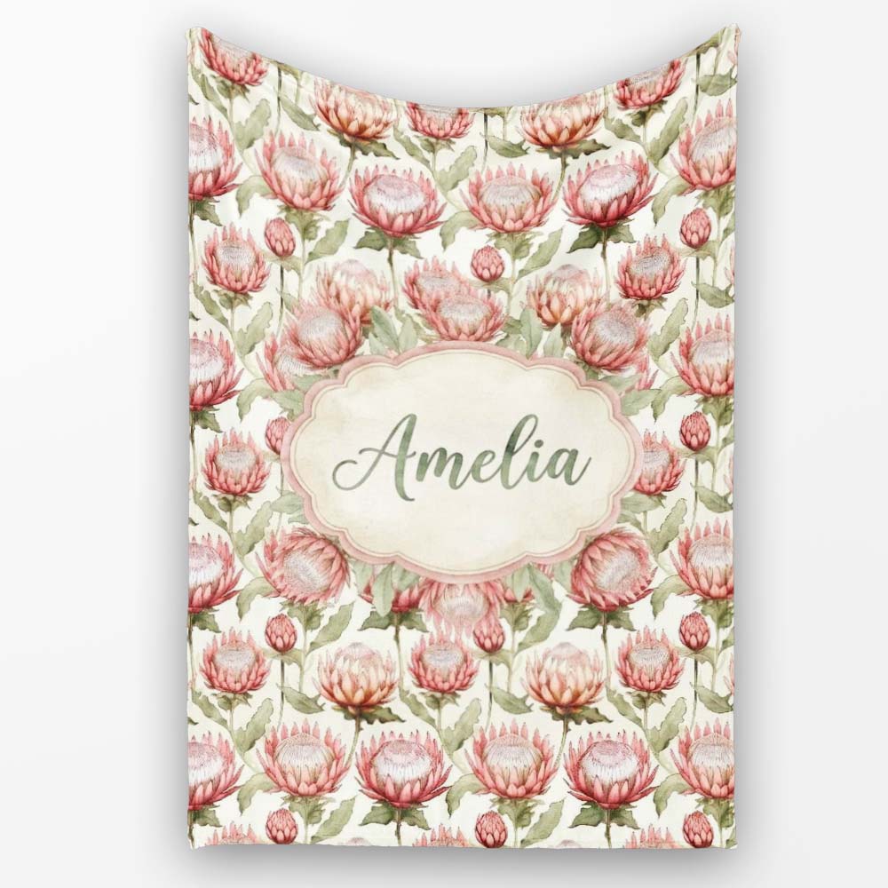 Vintage Protea Floral Botanical Illustration Seamless Pattern Lovely  Personalised Custom Name Super Soft Fleece Blanket Bed Sofa Throw