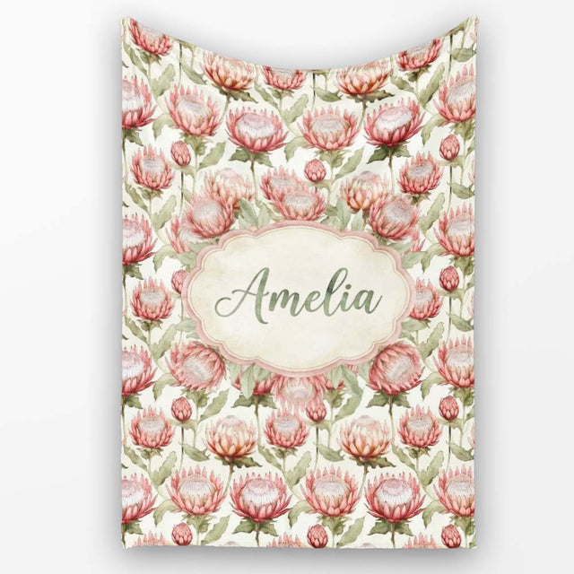 Vintage Protea Floral Botanical Illustration Seamless Pattern Lovely  Personalised Custom Name Super Soft Fleece Blanket Bed Sofa Throw