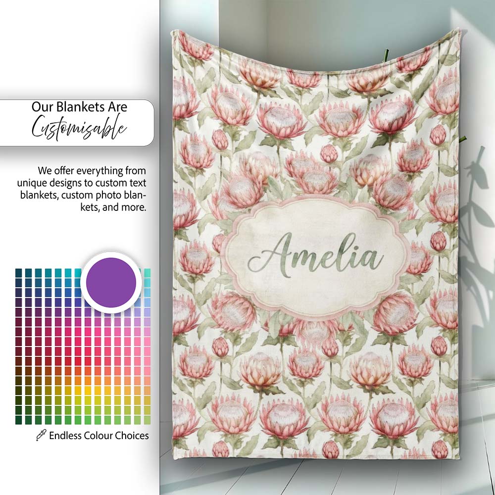 Vintage Protea Floral Botanical Illustration Seamless Pattern Lovely  Personalised Custom Name Super Soft Fleece Blanket Bed Sofa Throw