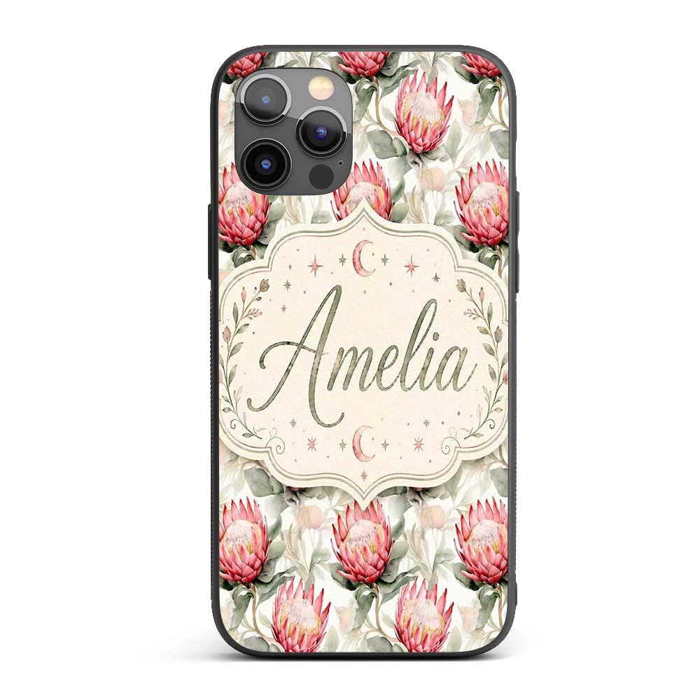 Soft Pink Protea Blooms Watercolor Printed Design Custom Name Protective Phone Case Mobile Cover Durable Everyday Smartphone Shock Resistant
