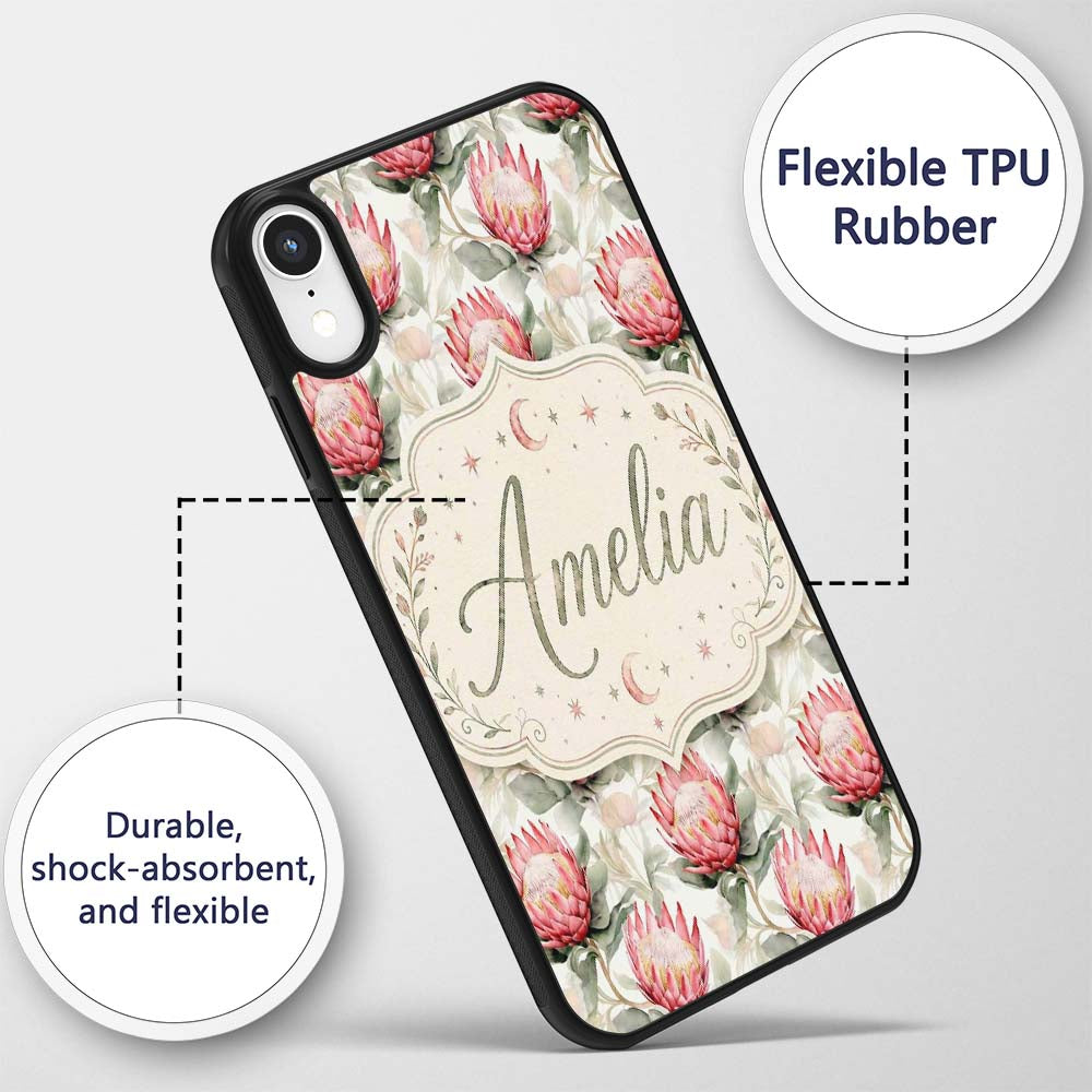 Soft Pink Protea Blooms Watercolor Printed Design Custom Name Protective Phone Case Mobile Cover Durable Everyday Smartphone Shock Resistant