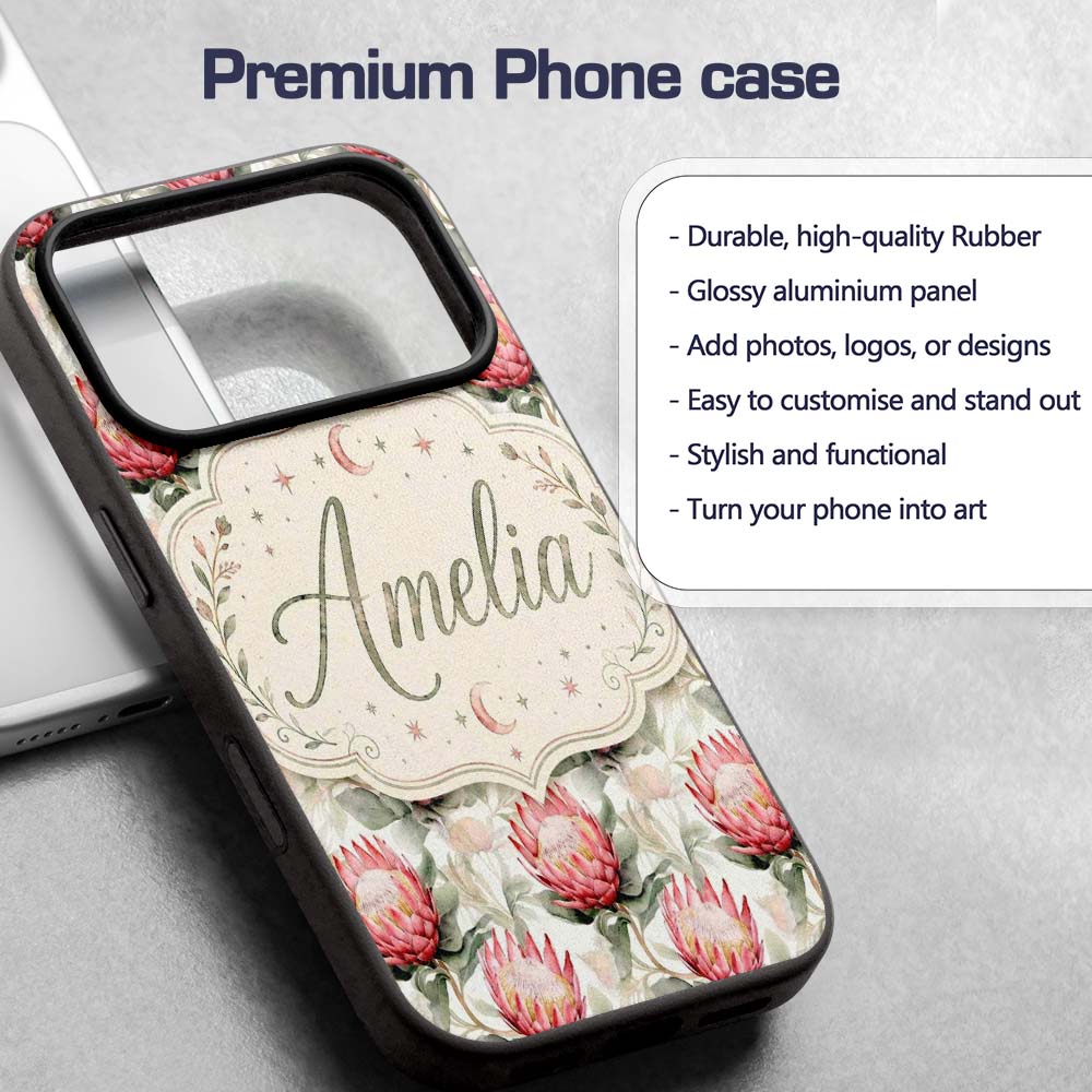 Soft Pink Protea Blooms Watercolor Printed Design Custom Name Protective Phone Case Mobile Cover Durable Everyday Smartphone Shock Resistant