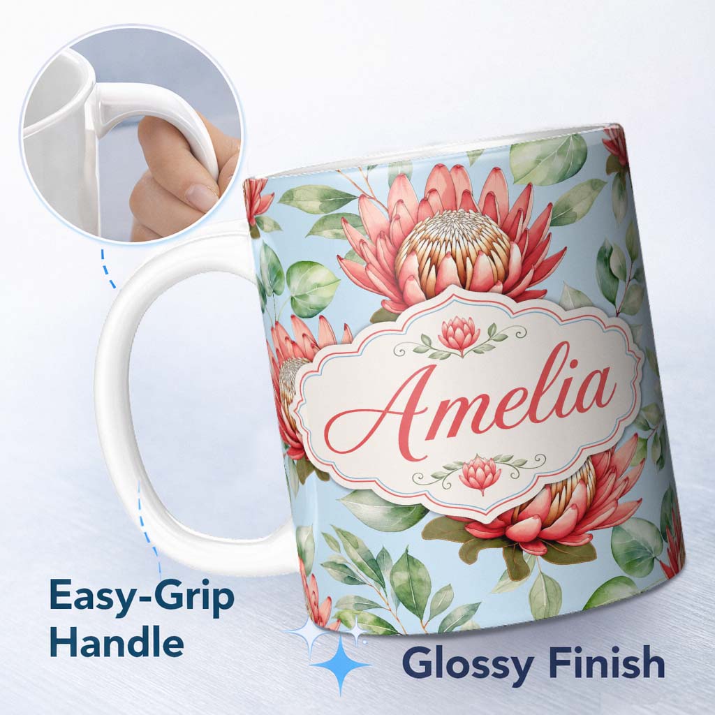 Personalized Custom Name Coral Protea Flowers on Sky Blue Background Seamless Botanical 11oz Ceramic Coffee Tea Mug White Large Handle