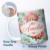Personalized Custom Name Coral Protea Flowers on Sky Blue Background Seamless Botanical 11oz Ceramic Coffee Tea Mug White Large Handle