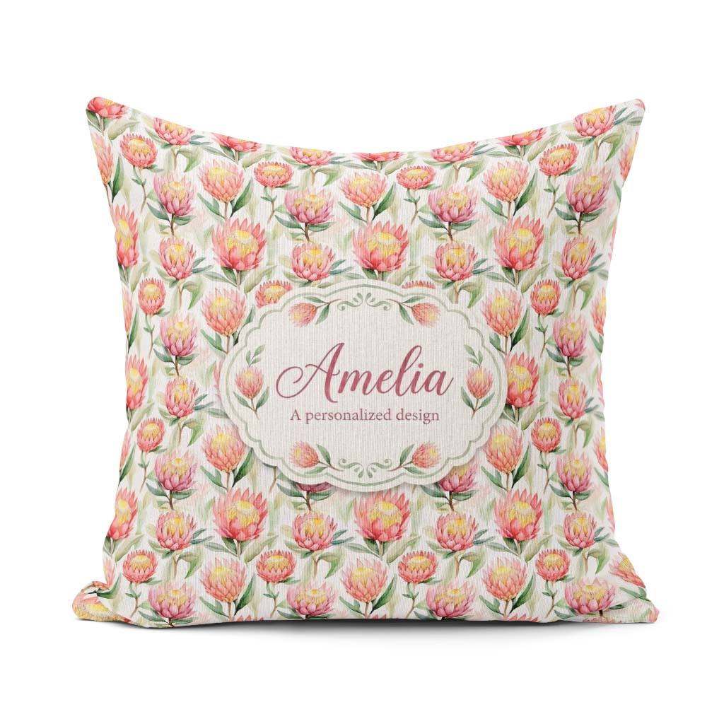 Custom Name Pink and Yellow Blossoms Watercolor Seamless Pattern Square Filled Cushion Throw Pillow Sofa Bed Home Decor Zip Washable UK Made