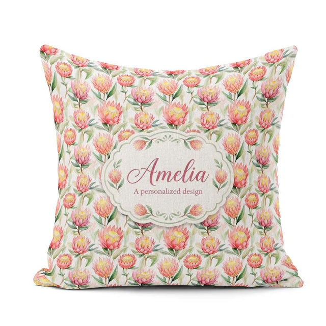 Custom Name Pink and Yellow Blossoms Watercolor Seamless Pattern Square Filled Cushion Throw Pillow Sofa Bed Home Decor Zip Washable UK Made