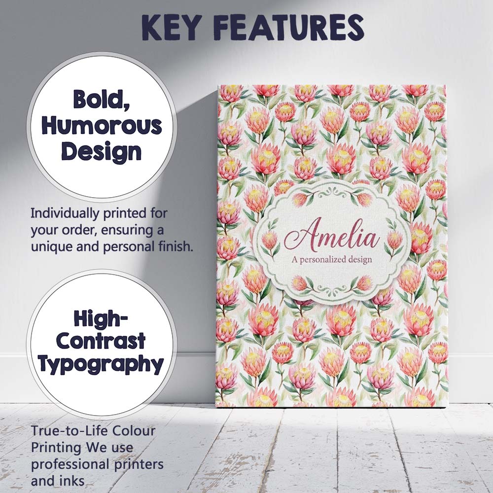 Personalised Name Pink and Yellow Protea Custom  Unique Gift Idea Elegant Feature Canvas Wall Art Print Decor Picture Ready to Hang