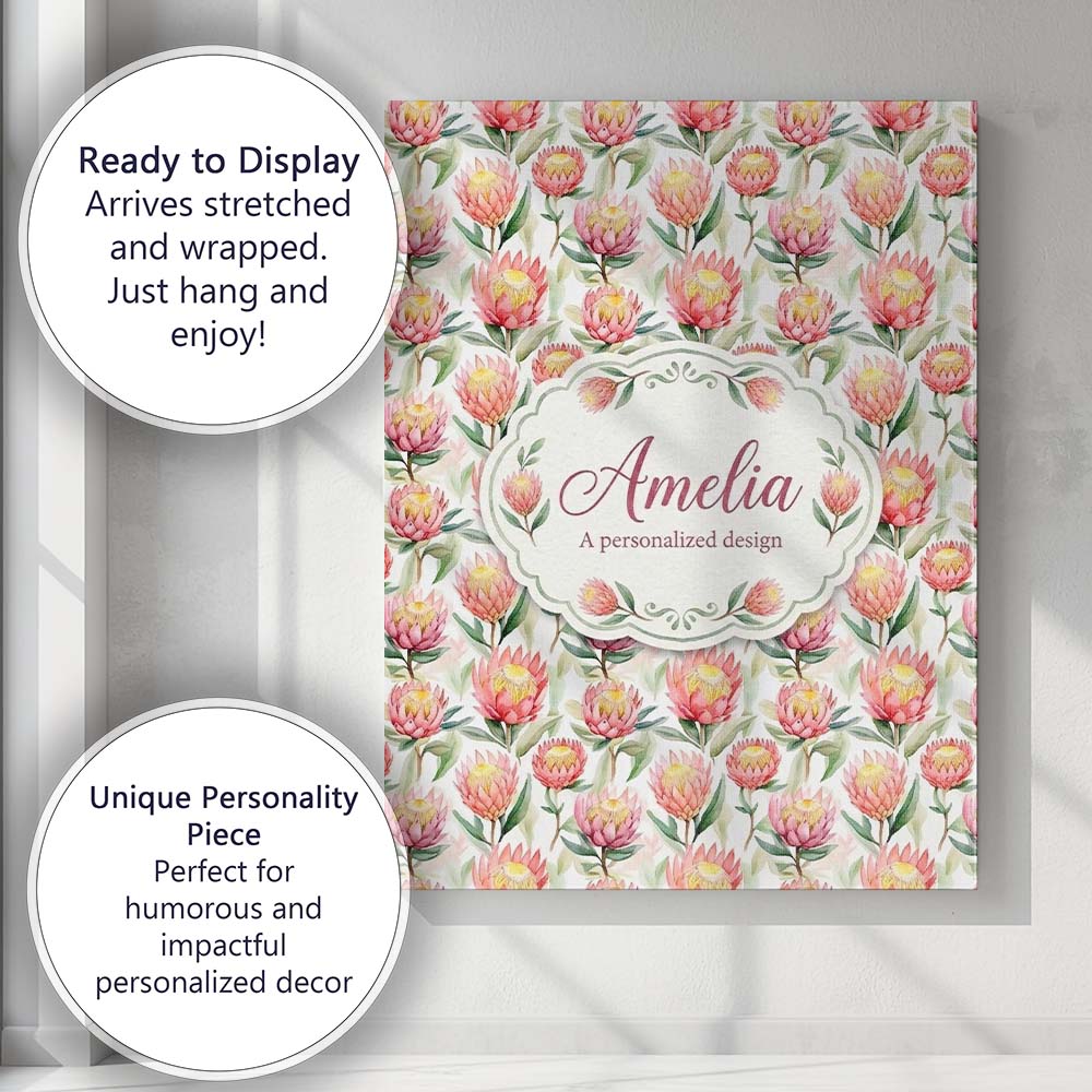 Personalised Name Pink and Yellow Protea Custom  Unique Gift Idea Elegant Feature Canvas Wall Art Print Decor Picture Ready to Hang