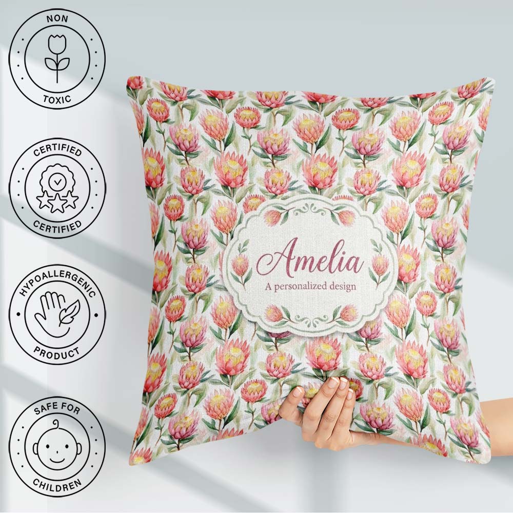 Custom Name Pink and Yellow Blossoms Watercolor Seamless Pattern Square Filled Cushion Throw Pillow Sofa Bed Home Decor Zip Washable UK Made