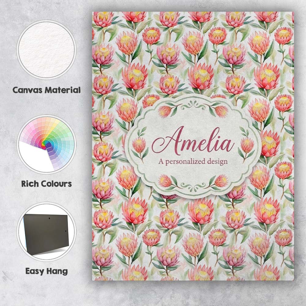 Personalised Name Pink and Yellow Protea Custom  Unique Gift Idea Elegant Feature Canvas Wall Art Print Decor Picture Ready to Hang
