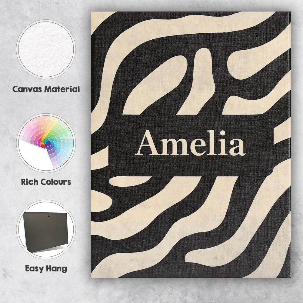Personalised Name Fluid Zebra Waves Black Cream Organic Stripe Custom Modern Room Accent Canvas Wall Art Print Decor Picture Ready to Hang