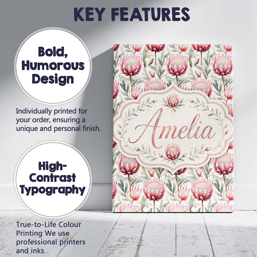 Personalised Name Elegant Protea Floral Custom  Unique Gift Idea Modern Room Accent Canvas Wall Art Print Decor Picture Ready to Hang