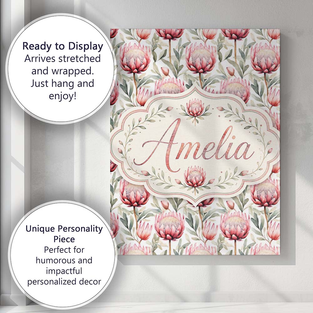 Personalised Name Elegant Protea Floral Custom  Unique Gift Idea Modern Room Accent Canvas Wall Art Print Decor Picture Ready to Hang