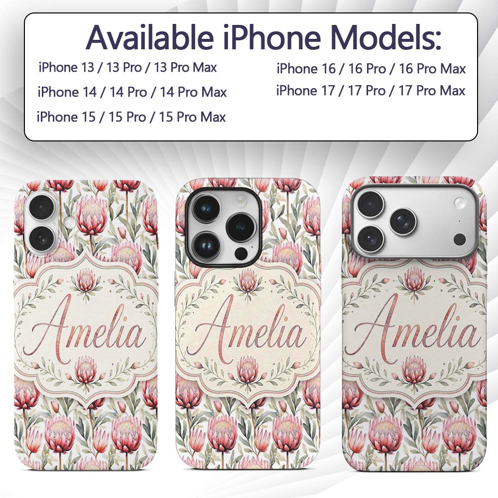 Elegant Protea Floral Arrangement Printed Design Custom Name Protective Phone Case Mobile Cover Durable Everyday Smartphone Shock Resistant