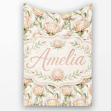 Soft Blush Protea Flowers and Green Leaves Seamless Pattern Lovely  Personalised Custom Name Super Soft Fleece Blanket Bed Sofa Throw