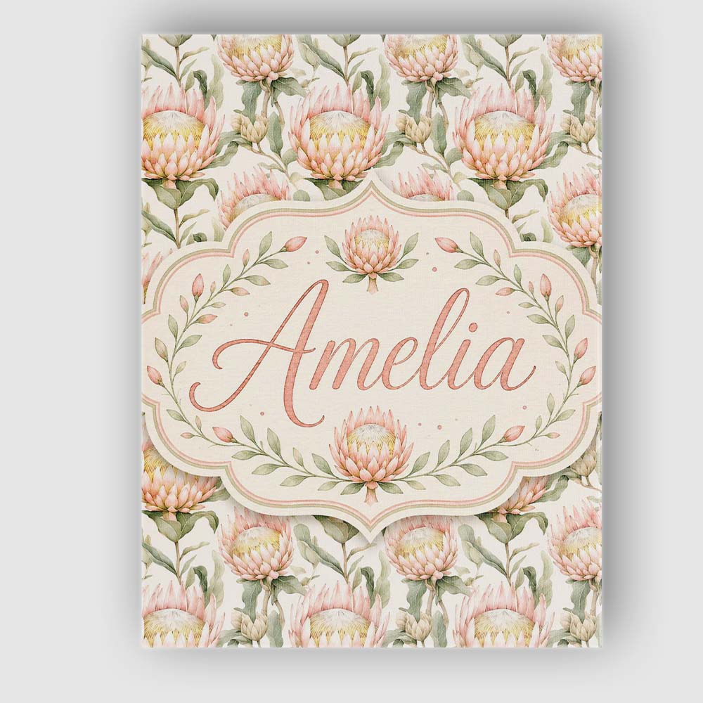 Personalised Name Soft Blush Protea Flowers Custom  Bespoke Interior Contemporary Canvas Wall Art Print Decor Picture Ready to Hang
